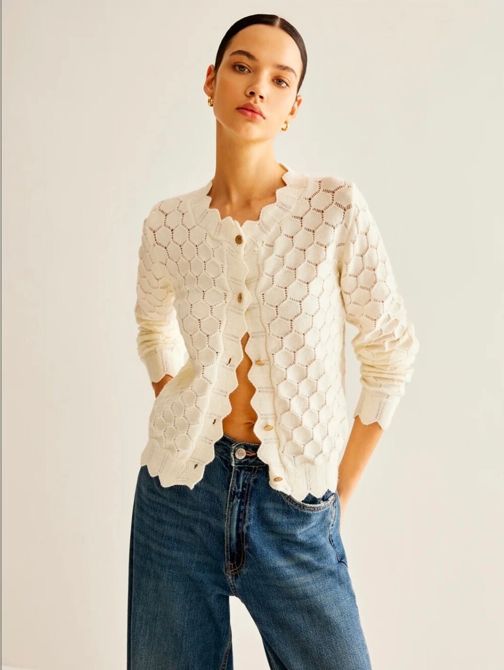 Commense Cream Openwork Crochet Cardigan with Scalloped Edge